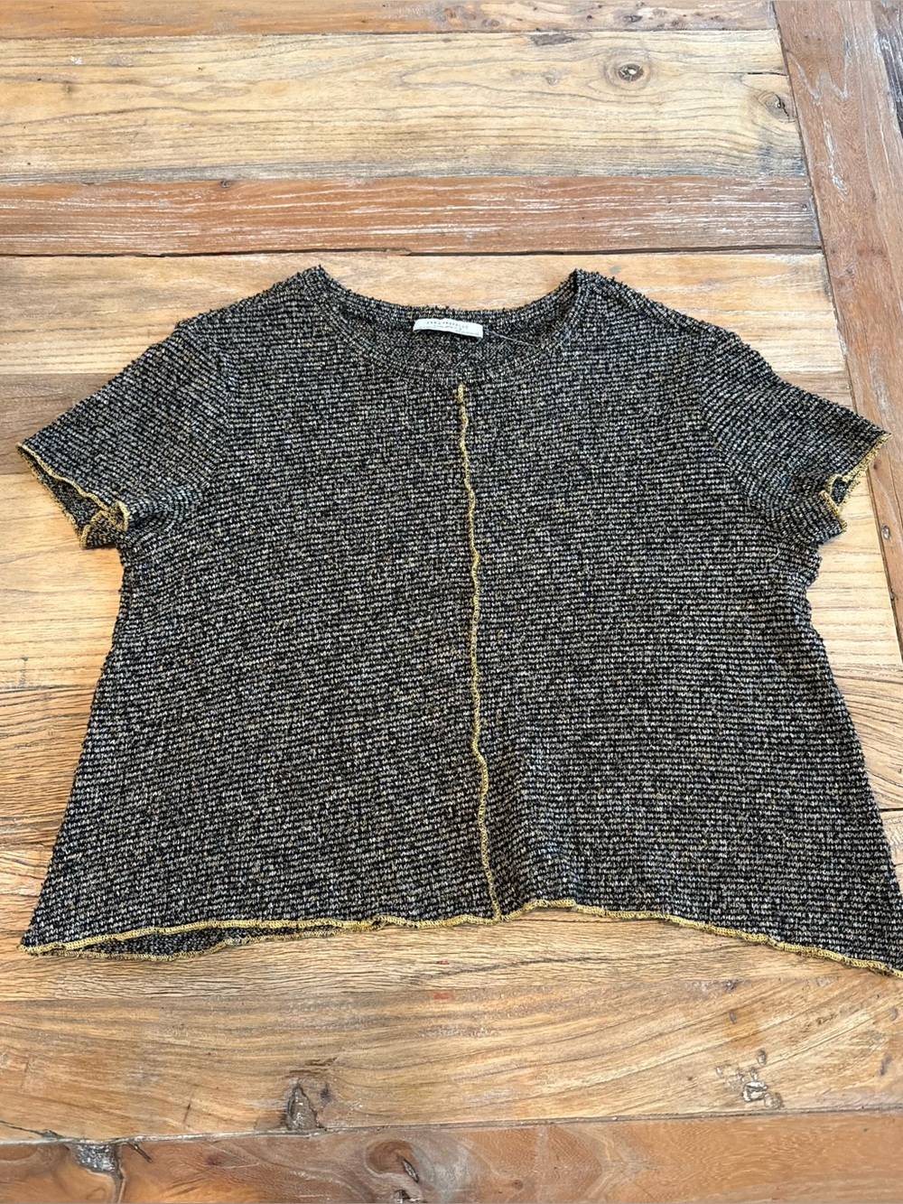 Zara Textured Knit Sweater Top | Black & Cream  Short Sleeve. Relaxed Fit